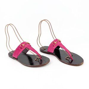 Gucci Horsebit T-Strap Flip Flop Thong Flat Sandal Pink Suede Size 38 US 8 Women